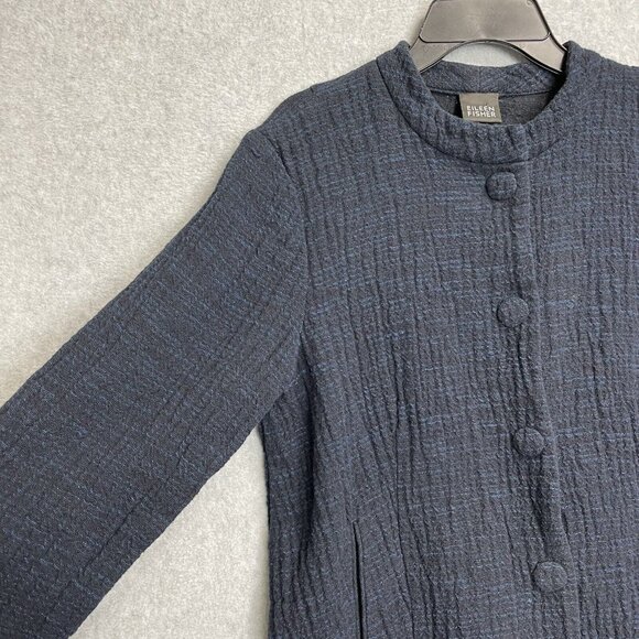 Eileen Fisher Gauze Jacket Womens Medium Navy Blue Long Sleeve Cotton Gauzy Boxy - Picture 4 of 11
